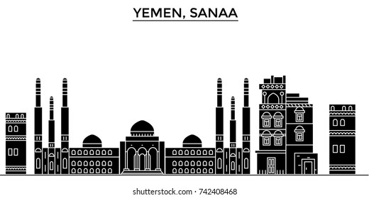 Yemen, Sanaa architecture vector city skyline, travel cityscape with landmarks, buildings, isolated sights on background