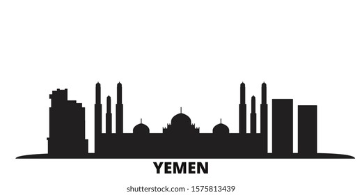 Yemen, Sanaa city skyline isolated vector illustration. Yemen, Sanaa travel black cityscape