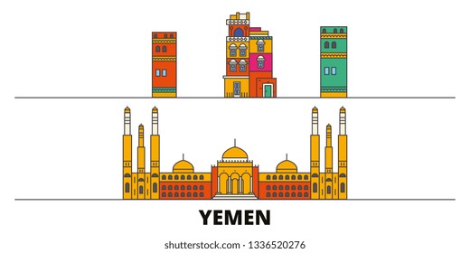 Yemen, Sanaa flat landmarks vector illustration. Yemen, Sanaa line city with famous travel sights, skyline, design. 