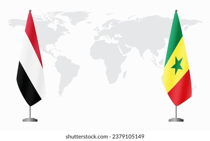 Yemen and Senegal flags for official meeting against background of world map.