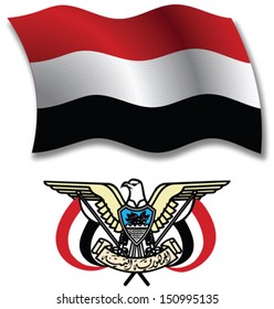 yemen shadowed textured wavy flag and coat of arms against white background, vector art illustration, image contains transparency transparency