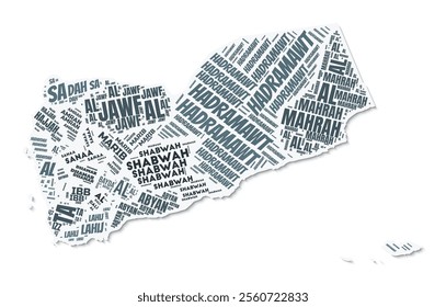 Yemen shape text cloud. Country border with shadow on white background. Yemen with regions division in vintage gazette style. Vibrant vector illustration.