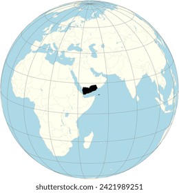 Yemen showcased prominently in the orthographic projection of the world map, has ancient history and strategic location in the Arabian Peninsula.