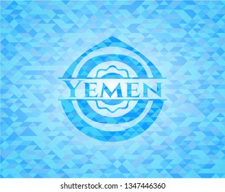 Yemen sky blue emblem with triangle mosaic background