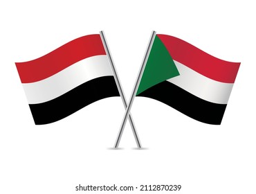 Yemen and Sudan flags. Yemeni and Sudanese flags isolated on white background. Vector illustration.