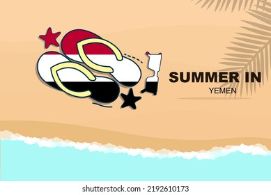 Yemen summer holiday vector banner, beach vacation concept, flip flops sunglasses starfish on sand, copy space area, Yemen summer travel and tourism idea with flag