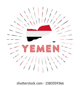 Yemen sunburst badge. The country sign with a map of Yemen and the Yemeni flag. Colorful rays around the logo. Vector illustration.