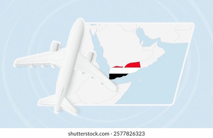 Yemen Travel Illustration with Plane and National Flag. Ideal for travel agencies, promotional materials, or geographic content related to Yemen.