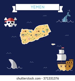 Yemen treasure map in flat design. Colorful cartoon treasure map of Yemen with flat design icons of pirate ship and jolly roger. Yemen flat design vector illustration.