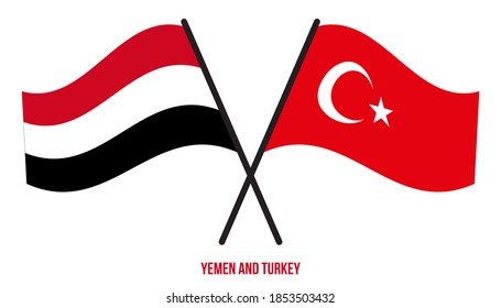 Yemen and Turkey Flags Crossed And Waving Flat Style. Official Proportion. Correct Colors.