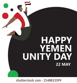 Yemen Unity day celebration vector illustration with a man jumping and holding the national flag. Middle East country public holiday celebrated annually on May 22. svg