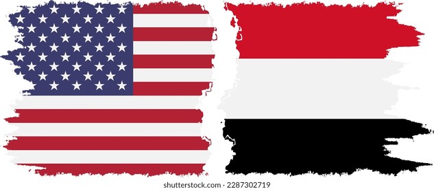 Yemen and USA grunge flags connection, vector