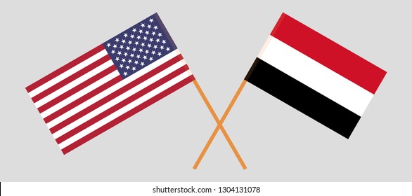 Yemen and USA. The Yemeni and United States of America flags. Official colors. Correct proportion. Vector illustration