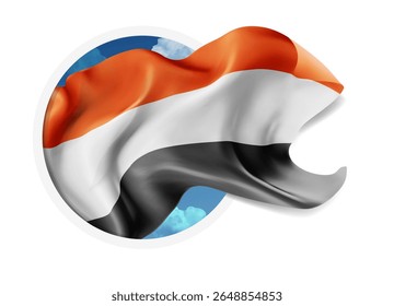 Yemen, Vector 3d bandera contra un cielo azul, a través de un agujero redondo sobre un fondo blanco