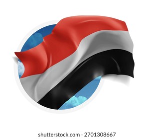 Iêmen, vetor 3d bandeira contra um céu azul, através de um buraco redondo em um fundo branco
