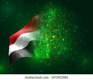 Yemen, vector 3d flag on green background with polygons and data numbers