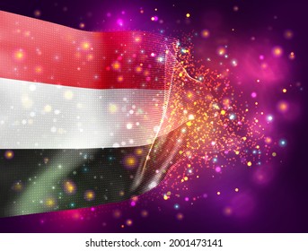 Yemen, vector 3d flag on pink purple background with lighting and flares
