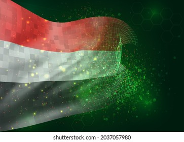 Yemen, vector 3d flag on green background with polygons and data numbers