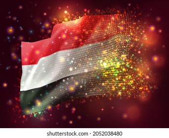 Yemen, vector 3d flag on pink purple background with lighting and flares