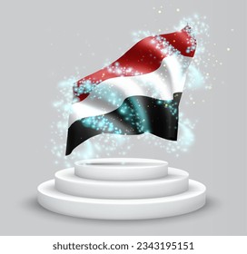 Yemen, vector 3d flag on the podium surrounded by a whirlwind of magical radiance