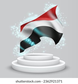 Yemen, bandera vectorial 3d en el podio rodeada por un torbellino de radiancia mágica