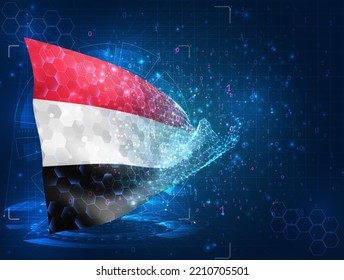 Yemen,  vector flag, virtual abstract 3D object from triangular polygons on a blue background