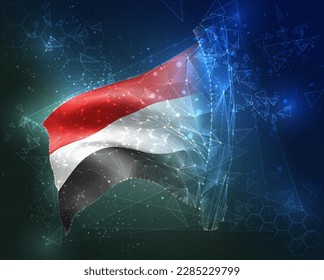 Yemen,  vector flag, virtual abstract 3D object from triangular polygons on a blue background