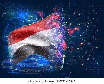 Yemen,  vector flag, virtual abstract 3D object from triangular polygons on a blue background