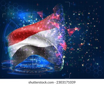Jemen, Vektorflagge, virtuelles abstraktes 3D-Objekt aus dreieckigen Polygonen auf blauem Hintergrund