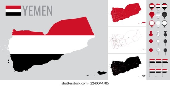 Yemen vector map with flag, globe and icons on white background