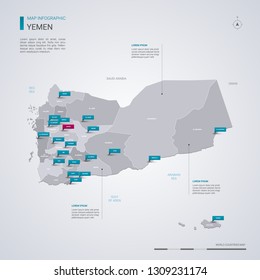 Yemen vector map with infographic elements, pointer marks. Editable template with regions, cities and capital Sanaa. 