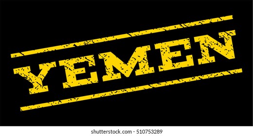 Yemen watermark stamp. Text tag between parallel lines with grunge design style. Rubber seal stamp with unclean texture. Vector yellow color ink imprint on a blue background.