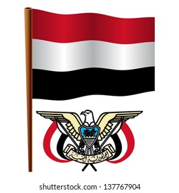 yemen wavy flag and coat of arm against white background, vector art illustration, image contains transparency