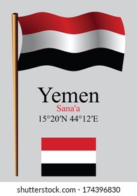 yemen wavy flag and coordinates against gray background, vector art illustration, image contains transparency