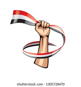 Yemeni flag and hand on white background. Vector illustration