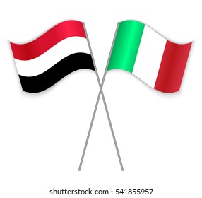 Yemeni and Italian crossed flags. Yemen combined with Italy isolated on white. Language learning, international business or travel concept.