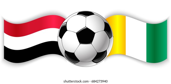 Yemeni and Ivorian wavy flags with football ball. Yemen combined with Ivory Coast isolated on white. Football match or international sport competition concept.