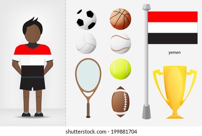 Yemeni sportsman with sport equipment collection vector illustration