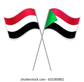 Yemeni and Sudanese crossed flags. Yemen combined with Sudan isolated on white. Language learning, international business or travel concept.