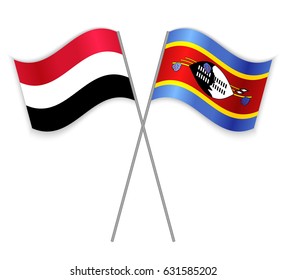 Yemeni and Swazi crossed flags. Yemen combined with Swaziland isolated on white. Language learning, international business or travel concept.