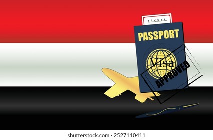 Yemeni Travel Documentation Concept with blue Passport and Yemen Flag. Approved Stamp. Airplane and Traveling Tickets. Ideal for Immigration Tourism and Traveling Themes. Vector EPS available