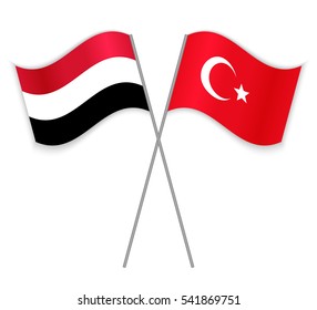 Yemeni and Turkish crossed flags. Yemen combined with Turkey isolated on white. Language learning, international business or travel concept.