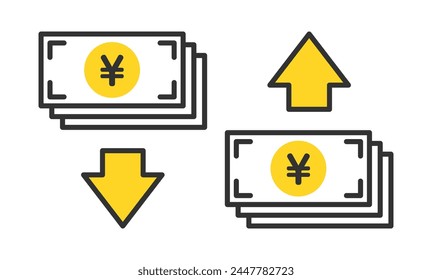 Yen appreciation and yen depreciation icon.The characters in the illustration represent the Japanese yen.