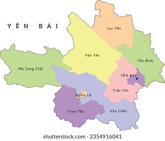 Yen Bai (Yên Bái) province of Vietnam administrative divisions map. Clored. Vectored. Bright colors