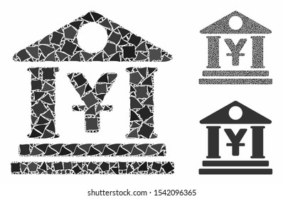 Yen bank building composition of abrupt items in various sizes and color hues, based on yen bank building icon. Vector bumpy items are composed into collage.
