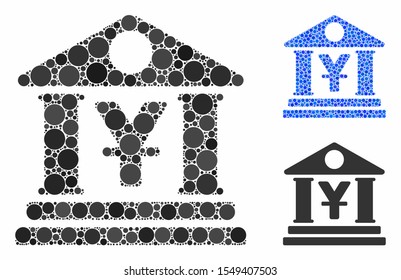 Yen bank building composition of circle elements in various sizes and color tinges, based on yen bank building icon. Vector circle elements are combined into blue composition.