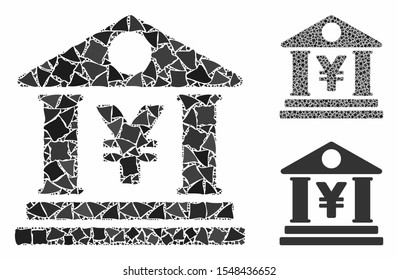 Yen bank building mosaic of tremulant items in different sizes and color tints, based on yen bank building icon. Vector raggy pieces are grouped into mosaic.