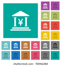 Yen bank office multi colored flat icons on plain square backgrounds. Included white and darker icon variations for hover or active effects.
