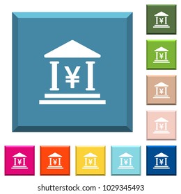 Yen bank office white icons on edged square buttons in various trendy colors