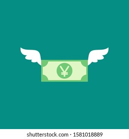 yen banknote with white wings. Flat icon. Isolated on blue background. Flying money. Economy, finance, money pictogram. Wealth symbol.  Vector illustration. Free, easy.  Spend, expenses  